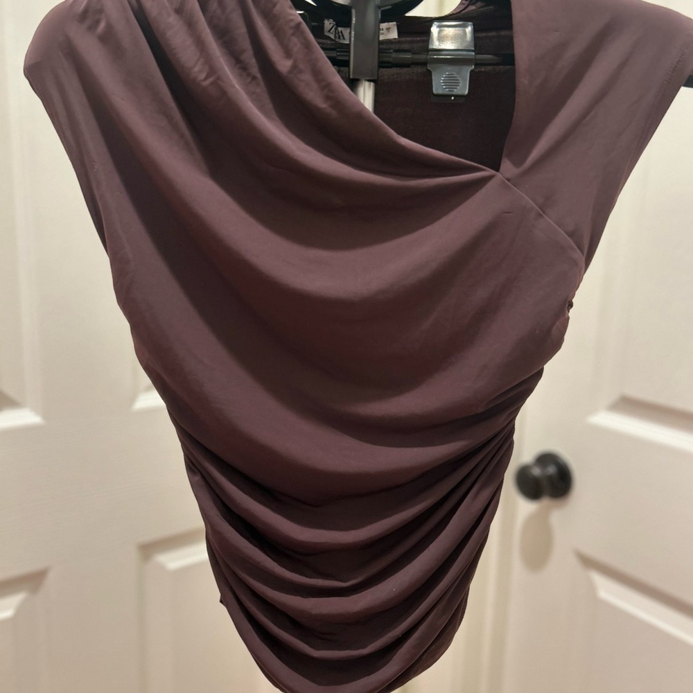 Zara Ruched Fitted Asymmetrical Brown Shirt